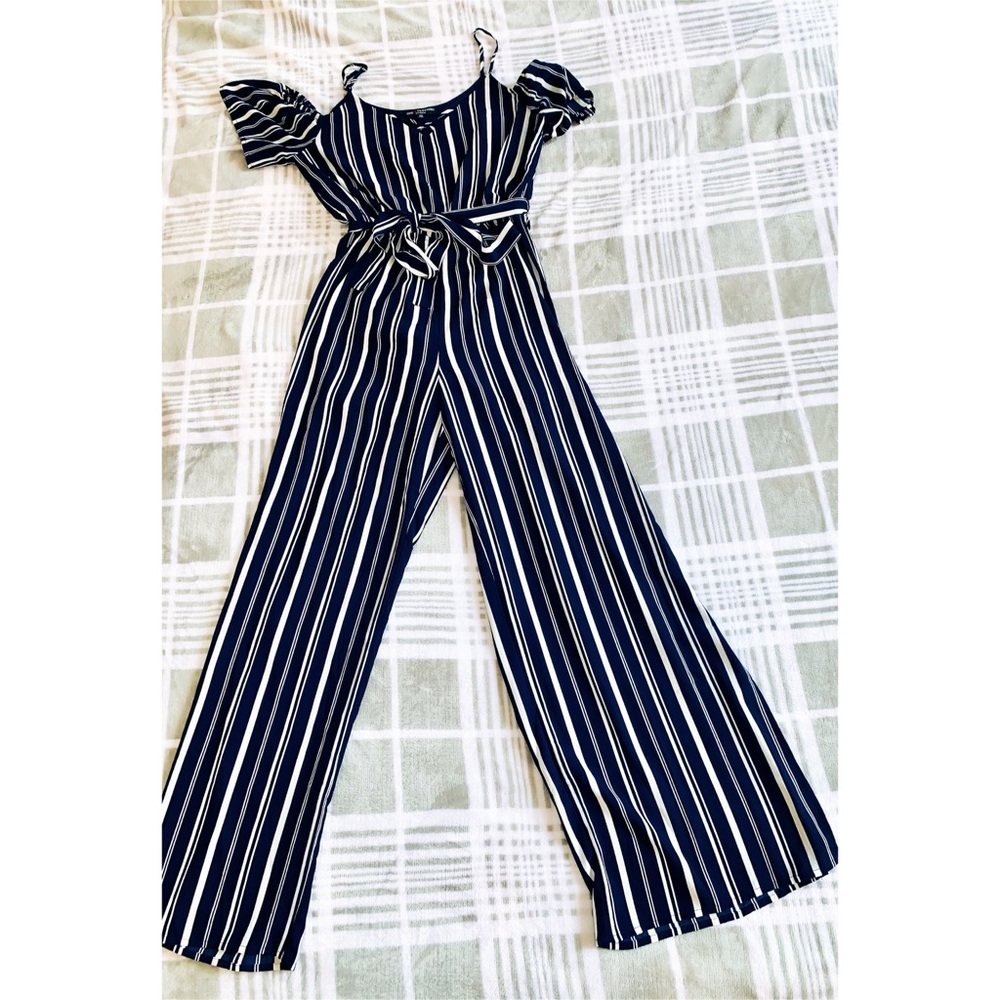 Navy & White Pinstripe jumpsuit By One Clothing